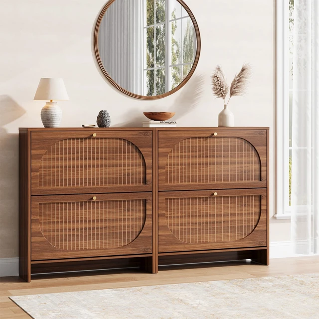 Alt view image 7 of 7 - Arch-Chic Shoe Cabinet for Entryway, Modern Mid-Century Shoe Storage Cabinet with Fluted, Narrow Shoe Rack with Adjustable Shelves & Tipping Protection, Fits Size 12+ Shoes,Luminous Walnut