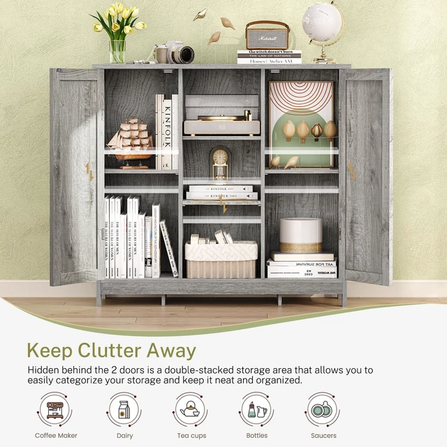 Alt view image 2 of 7 - Storage Cabinet with 2 Doors and 4 Adjustable Shelves, Buffet Cabinet with Storage, Floor Cabinet for Living Room, Entryway, Kitchen, Rustic Gray