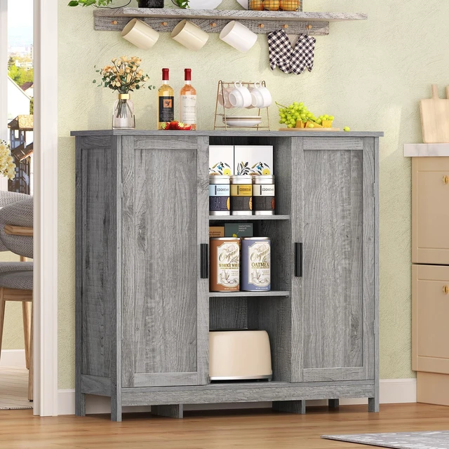 Alt view image 4 of 7 - Storage Cabinet with 2 Doors and 4 Adjustable Shelves, Buffet Cabinet with Storage, Floor Cabinet for Living Room, Entryway, Kitchen, Rustic Gray