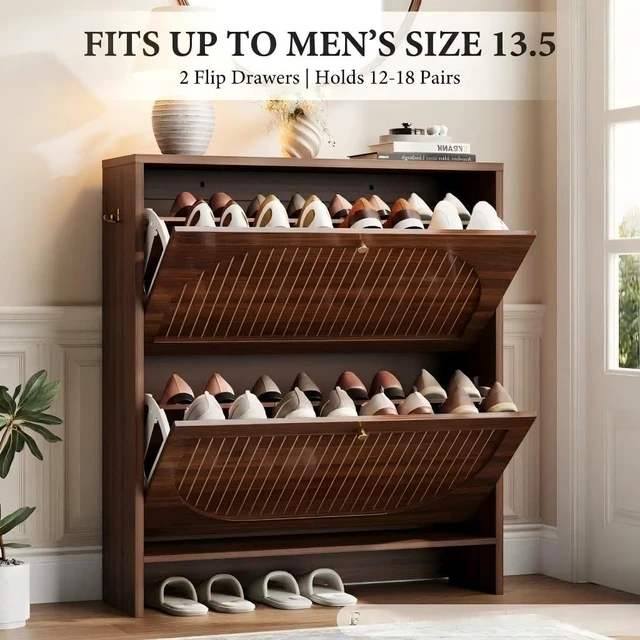 Alt view image 3 of 7 - Arch-Chic Shoe Cabinet for Entryway, Modern Mid-Century Shoe Storage Cabinet with Fluted, Narrow Shoe Rack with Adjustable Shelves & Tipping Protection, Fits Size 12+ Shoes,Luminous Walnut
