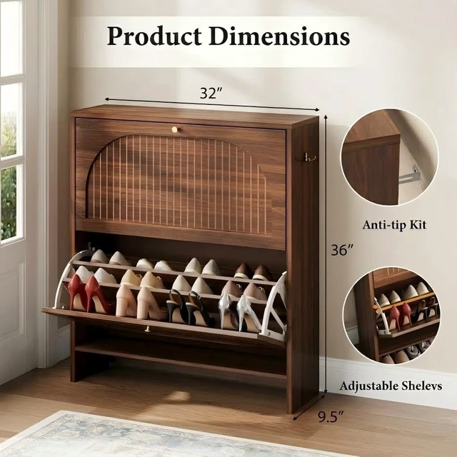 Alt view image 2 of 7 - Arch-Chic Shoe Cabinet for Entryway, Modern Mid-Century Shoe Storage Cabinet with Fluted, Narrow Shoe Rack with Adjustable Shelves & Tipping Protection, Fits Size 12+ Shoes,Luminous Walnut