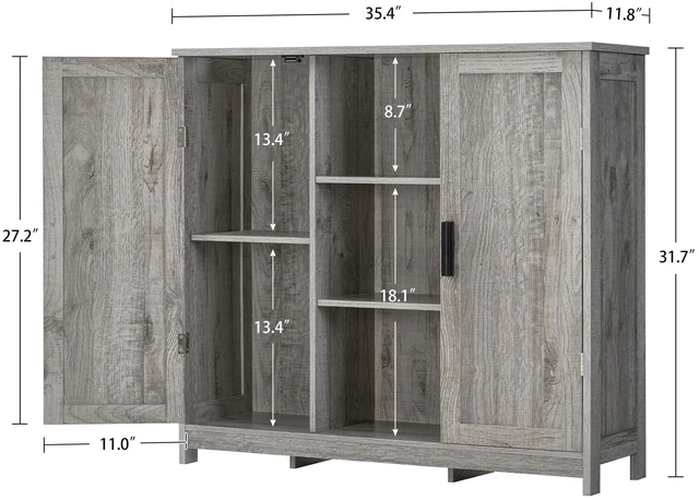 Alt view image 7 of 7 - Storage Cabinet with 2 Doors and 4 Adjustable Shelves, Buffet Cabinet with Storage, Floor Cabinet for Living Room, Entryway, Kitchen, Rustic Gray