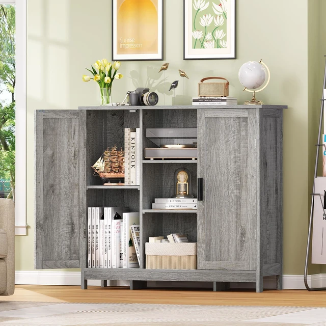 Alt view image 3 of 7 - Storage Cabinet with 2 Doors and 4 Adjustable Shelves, Buffet Cabinet with Storage, Floor Cabinet for Living Room, Entryway, Kitchen, Rustic Gray