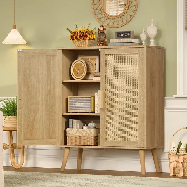 Alt view image 2 of 7 - Storage Cabinet with 2 Shelves, Rattan Cabinet with 2 Doors, Sideboard Buffet Cabinets with Storage for Living Room, Dining Room, Entryway, Natural