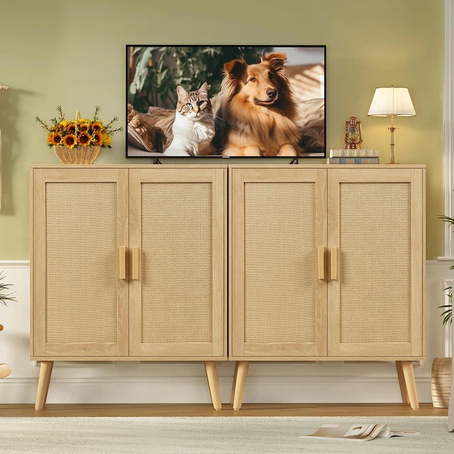 Alt view image 4 of 7 - Storage Cabinet with 2 Shelves, Rattan Cabinet with 2 Doors, Sideboard Buffet Cabinets with Storage for Living Room, Dining Room, Entryway, Natural