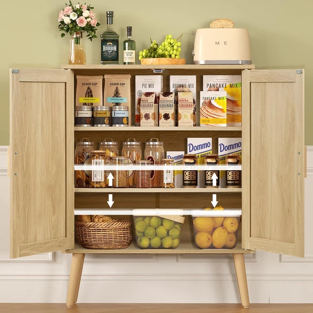 Alt view image 5 of 7 - Storage Cabinet with 2 Shelves, Rattan Cabinet with 2 Doors, Sideboard Buffet Cabinets with Storage for Living Room, Dining Room, Entryway, Natural