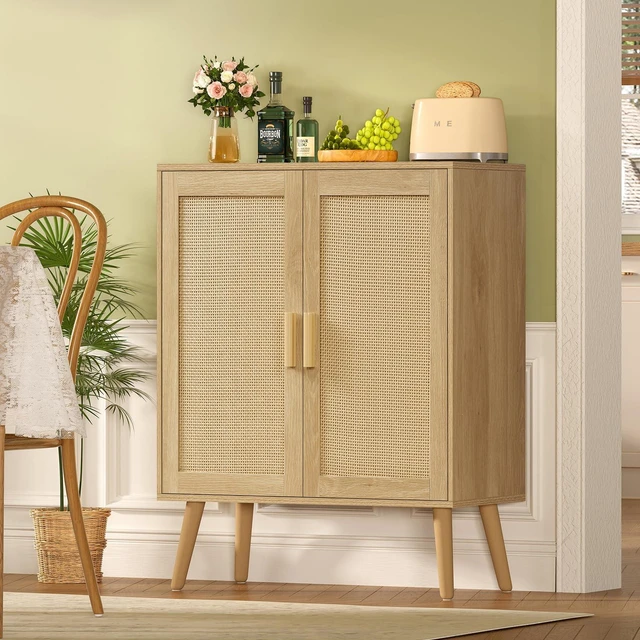 Alt view image 6 of 7 - Storage Cabinet with 2 Shelves, Rattan Cabinet with 2 Doors, Sideboard Buffet Cabinets with Storage for Living Room, Dining Room, Entryway, Natural