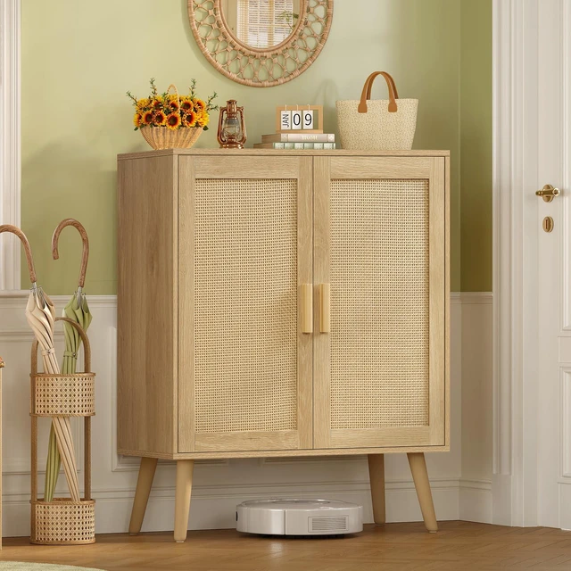 Alt view image 7 of 7 - Storage Cabinet with 2 Shelves, Rattan Cabinet with 2 Doors, Sideboard Buffet Cabinets with Storage for Living Room, Dining Room, Entryway, Natural