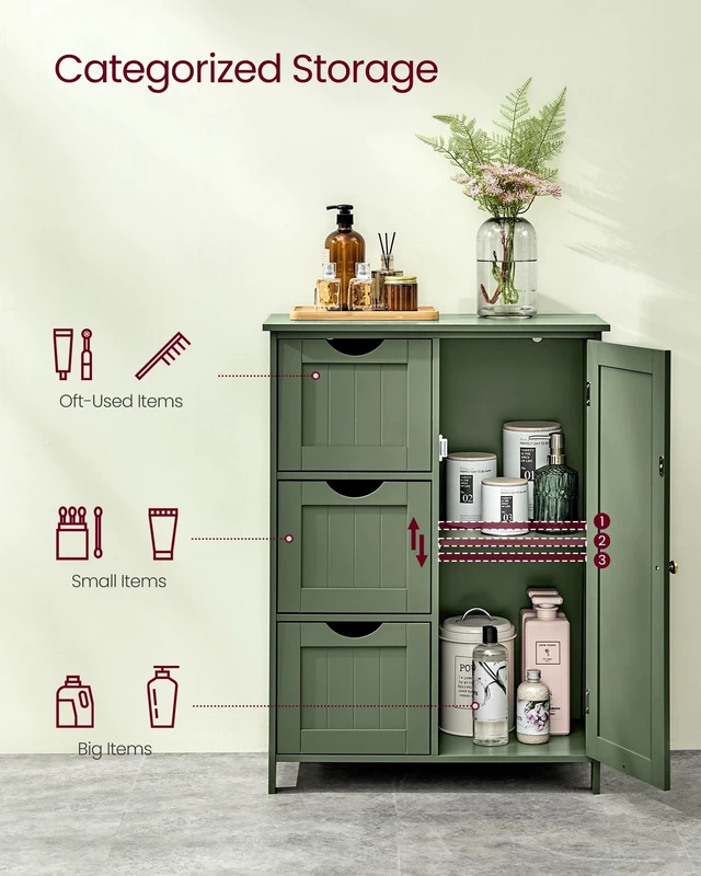 Alt view image 2 of 5 - Bathroom Floor Storage Cabinet, 3 Drawers, Forest Green | Bathroom Storage Unit, 3 Drawers, 23.6"L x 11.8"W x 31.9"H, SOFIE Collection UBBC049C01