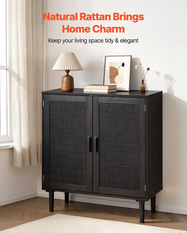 Alt view image 2 of 7 - Buffet Cabinet, Rattan Sideboard Cabinet with 2 Magnetic Doors and Adjustable Shelves, Accent Sideboard Buffet with Wooden Legs & Power Cord Hole for Hallway, Entryway, Kitchen, Black