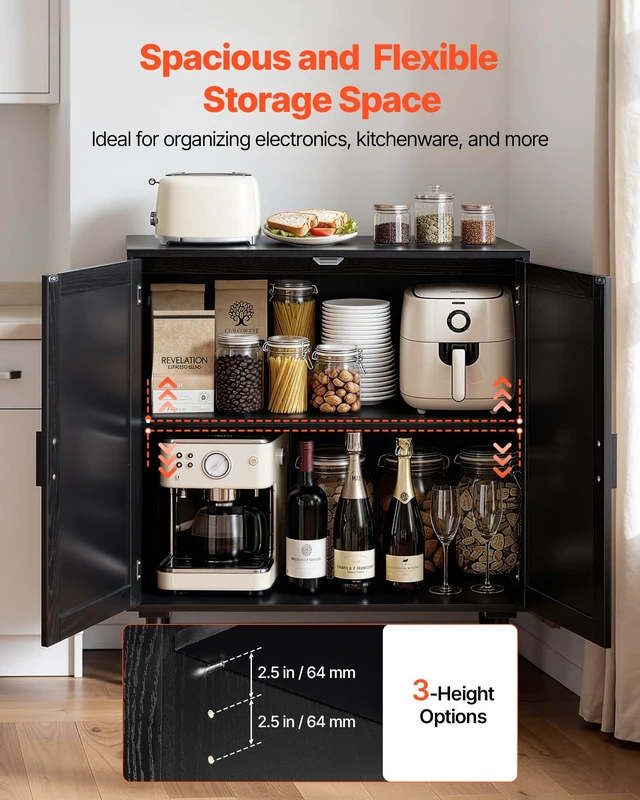 Alt view image 4 of 7 - Buffet Cabinet, Rattan Sideboard Cabinet with 2 Magnetic Doors and Adjustable Shelves, Accent Sideboard Buffet with Wooden Legs & Power Cord Hole for Hallway, Entryway, Kitchen, Black