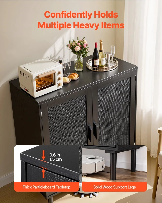Alt view image 5 of 7 - Buffet Cabinet, Rattan Sideboard Cabinet with 2 Magnetic Doors and Adjustable Shelves, Accent Sideboard Buffet with Wooden Legs & Power Cord Hole for Hallway, Entryway, Kitchen, Black