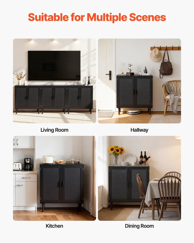 Alt view image 7 of 7 - Buffet Cabinet, Rattan Sideboard Cabinet with 2 Magnetic Doors and Adjustable Shelves, Accent Sideboard Buffet with Wooden Legs & Power Cord Hole for Hallway, Entryway, Kitchen, Black