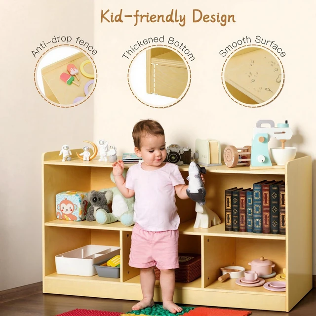 Alt view image 2 of 7 - Montessori Shelf, Wooden Toy Storage Organizer for Books Toys, 2 Shelf Bookcase, 5-Section Storage Cabinet, Toddler Book Shelf for Kids Rooms, Playroom, Nursery, Kindergarten (Natural)