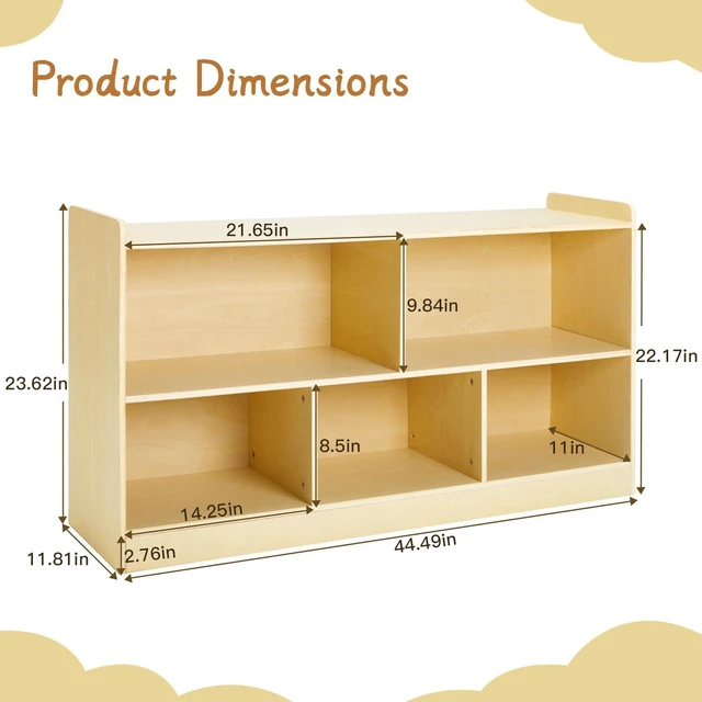 Alt view image 3 of 7 - Montessori Shelf, Wooden Toy Storage Organizer for Books Toys, 2 Shelf Bookcase, 5-Section Storage Cabinet, Toddler Book Shelf for Kids Rooms, Playroom, Nursery, Kindergarten (Natural)