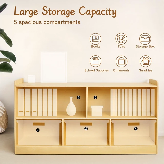 Alt view image 5 of 7 - Montessori Shelf, Wooden Toy Storage Organizer for Books Toys, 2 Shelf Bookcase, 5-Section Storage Cabinet, Toddler Book Shelf for Kids Rooms, Playroom, Nursery, Kindergarten (Natural)