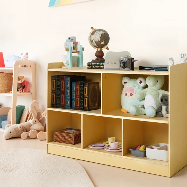 Alt view image 6 of 7 - Montessori Shelf, Wooden Toy Storage Organizer for Books Toys, 2 Shelf Bookcase, 5-Section Storage Cabinet, Toddler Book Shelf for Kids Rooms, Playroom, Nursery, Kindergarten (Natural)