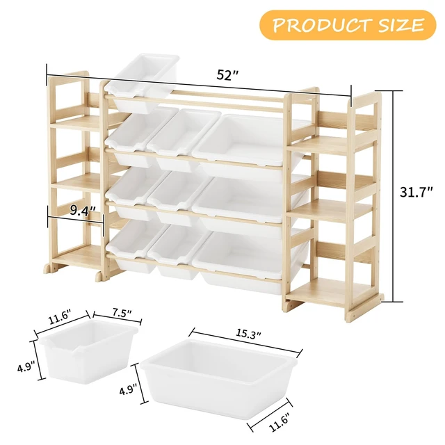 Alt view image 2 of 6 - Extra Large Toy Storage Organizer, Dual Bookshelves, 12 Bins | Solid pine kid-height storage with white bins for toy sorting and book access in kids rooms, playrooms and classrooms