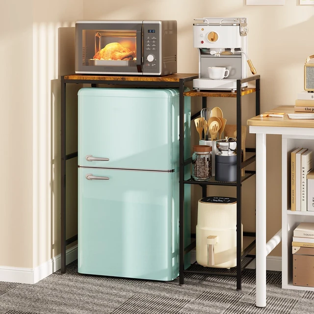 Main image of Mini Fridge Stand with Storage Shelves Dorm Microwave Stand Reversible | Wine Cabinet, Coffee Bar, TV Stand, Bakers Rack, Beverage Refrigerator Table Adjustable for Kitchen Office Rustic Brown