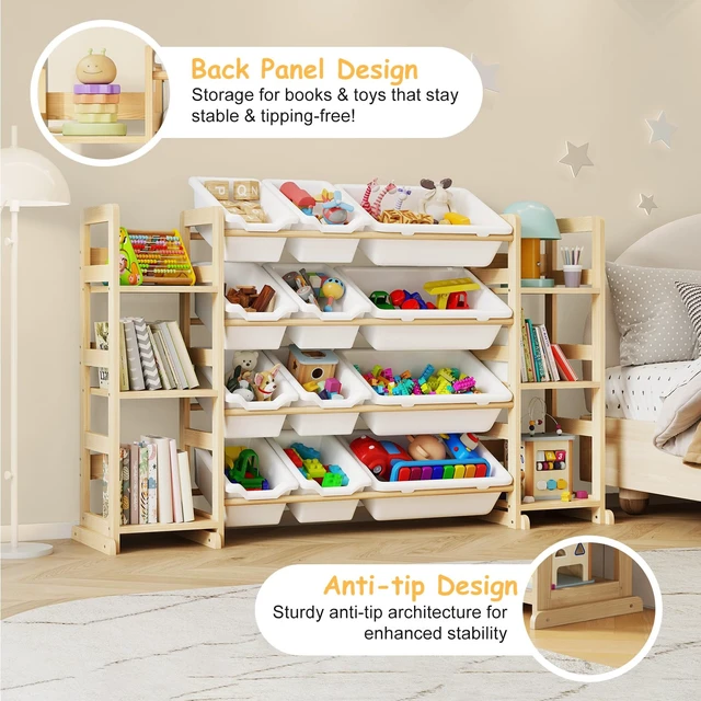Alt view image 4 of 6 - Extra Large Toy Storage Organizer, Dual Bookshelves, 12 Bins | Solid pine kid-height storage with white bins for toy sorting and book access in kids rooms, playrooms and classrooms