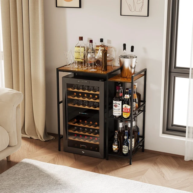 Alt view image 6 of 7 - Mini Fridge Stand with Storage Shelves Dorm Microwave Stand Reversible | Wine Cabinet, Coffee Bar, TV Stand, Bakers Rack, Beverage Refrigerator Table Adjustable for Kitchen Office Rustic Brown