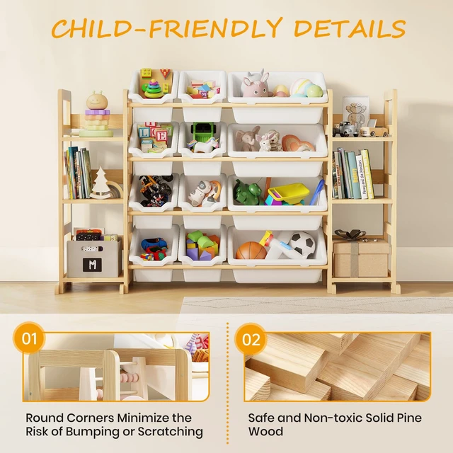 Alt view image 5 of 6 - Extra Large Toy Storage Organizer, Dual Bookshelves, 12 Bins | Solid pine kid-height storage with white bins for toy sorting and book access in kids rooms, playrooms and classrooms