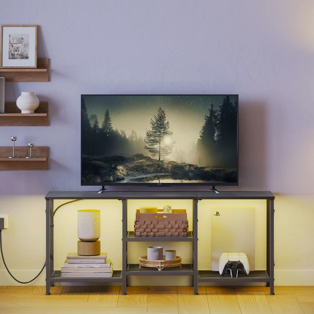 Alt view image 2 of 7 - TV Stand with LED Lights for 55 Inch TV, Entertainment Center with 3-Tier Open Shelves, TV Console Table for Living Room, Bedroom, Black