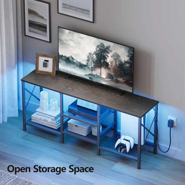 Alt view image 5 of 7 - TV Stand with LED Lights for 55 Inch TV, Entertainment Center with 3-Tier Open Shelves, TV Console Table for Living Room, Bedroom, Black
