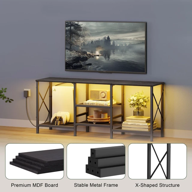 Alt view image 6 of 7 - TV Stand with LED Lights for 55 Inch TV, Entertainment Center with 3-Tier Open Shelves, TV Console Table for Living Room, Bedroom, Black