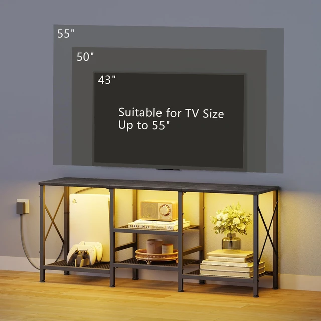 Alt view image 7 of 7 - TV Stand with LED Lights for 55 Inch TV, Entertainment Center with 3-Tier Open Shelves, TV Console Table for Living Room, Bedroom, Black