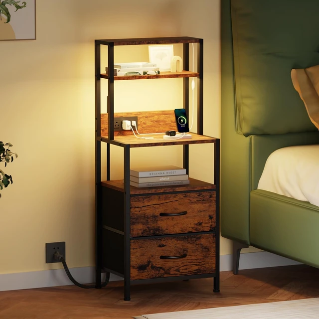 Main image of Night Stand, Tall Nightstand with 4-Tier Shelves, 2 Fabric Drawers | RGB LED Lights, Bed Side & End Tables with Charging Station, Bedside Table for Bedroom, Office, Dorm Rustic Brown