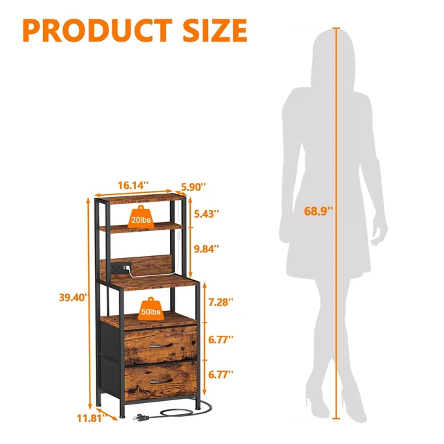 Alt view image 2 of 7 - Night Stand, Tall Nightstand with 4-Tier Shelves, 2 Fabric Drawers | RGB LED Lights, Bed Side & End Tables with Charging Station, Bedside Table for Bedroom, Office, Dorm Rustic Brown