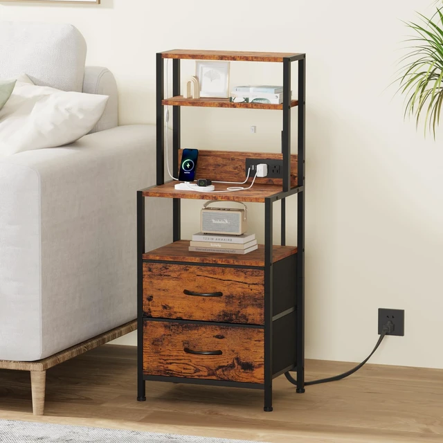 Alt view image 3 of 7 - Night Stand, Tall Nightstand with 4-Tier Shelves, 2 Fabric Drawers | RGB LED Lights, Bed Side & End Tables with Charging Station, Bedside Table for Bedroom, Office, Dorm Rustic Brown