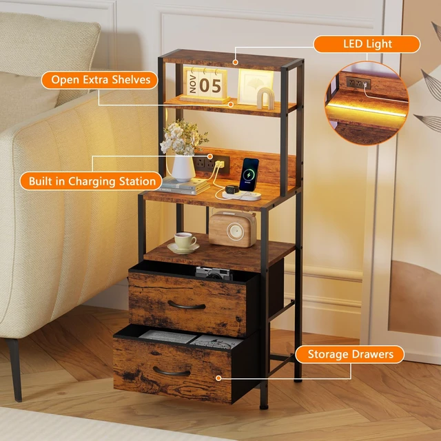 Alt view image 4 of 7 - Night Stand, Tall Nightstand with 4-Tier Shelves, 2 Fabric Drawers | RGB LED Lights, Bed Side & End Tables with Charging Station, Bedside Table for Bedroom, Office, Dorm Rustic Brown