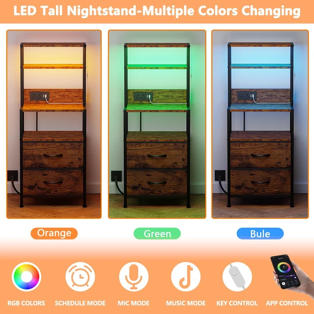 Alt view image 5 of 7 - Night Stand, Tall Nightstand with 4-Tier Shelves, 2 Fabric Drawers | RGB LED Lights, Bed Side & End Tables with Charging Station, Bedside Table for Bedroom, Office, Dorm Rustic Brown