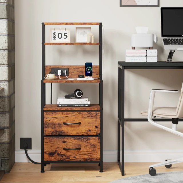 Alt view image 7 of 7 - Night Stand, Tall Nightstand with 4-Tier Shelves, 2 Fabric Drawers | RGB LED Lights, Bed Side & End Tables with Charging Station, Bedside Table for Bedroom, Office, Dorm Rustic Brown