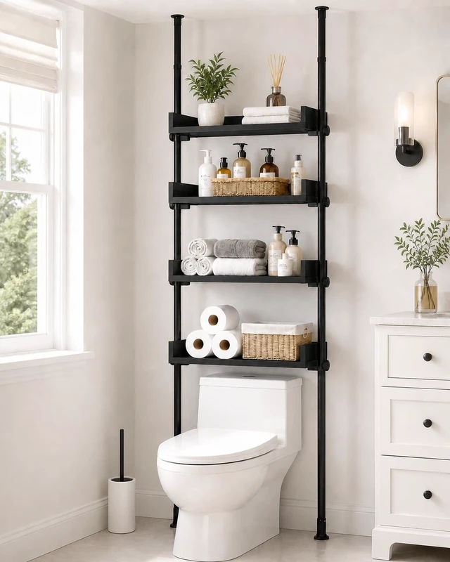 Main image of Tension Over The Toilet Storage Cabinet, No-Drill, Fits 92-116 in. | 4 Height-Adjustable Shelves for Bathroom Organizers, Fits Narrow Toilet Spaces, Slim Design Leaves Room for Plumbing, Black