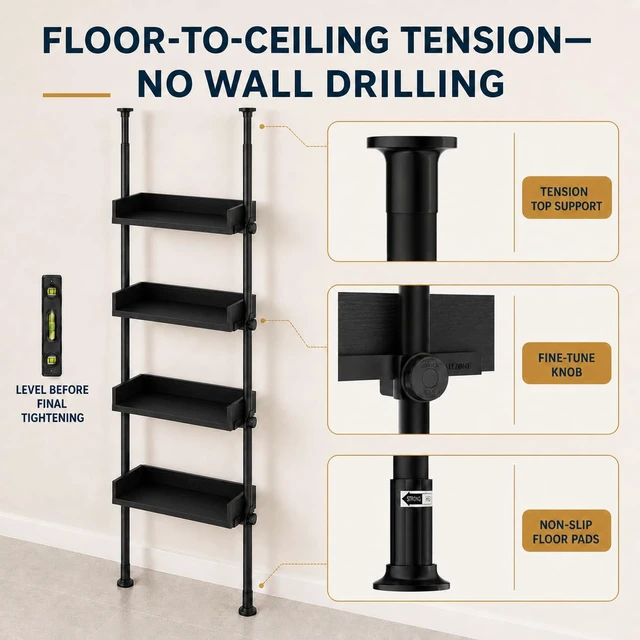 Alt view image 4 of 7 - Tension Over The Toilet Storage Cabinet, No-Drill, Fits 92-116 in. | 4 Height-Adjustable Shelves for Bathroom Organizers, Fits Narrow Toilet Spaces, Slim Design Leaves Room for Plumbing, Black