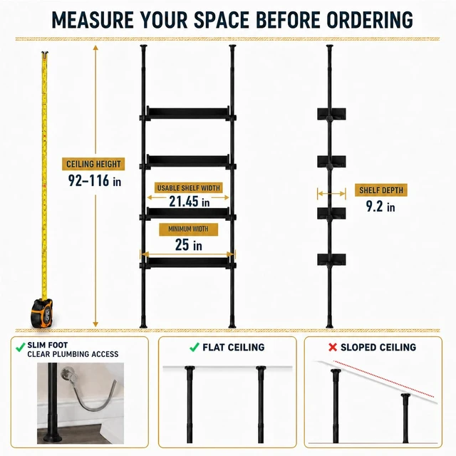 Alt view image 2 of 7 - Tension Over The Toilet Storage Cabinet, No-Drill, Fits 92-116 in. | 4 Height-Adjustable Shelves for Bathroom Organizers, Fits Narrow Toilet Spaces, Slim Design Leaves Room for Plumbing, Black