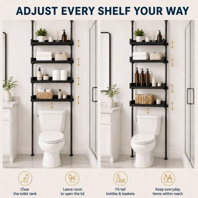 Alt view image 5 of 7 - Tension Over The Toilet Storage Cabinet, No-Drill, Fits 92-116 in. | 4 Height-Adjustable Shelves for Bathroom Organizers, Fits Narrow Toilet Spaces, Slim Design Leaves Room for Plumbing, Black