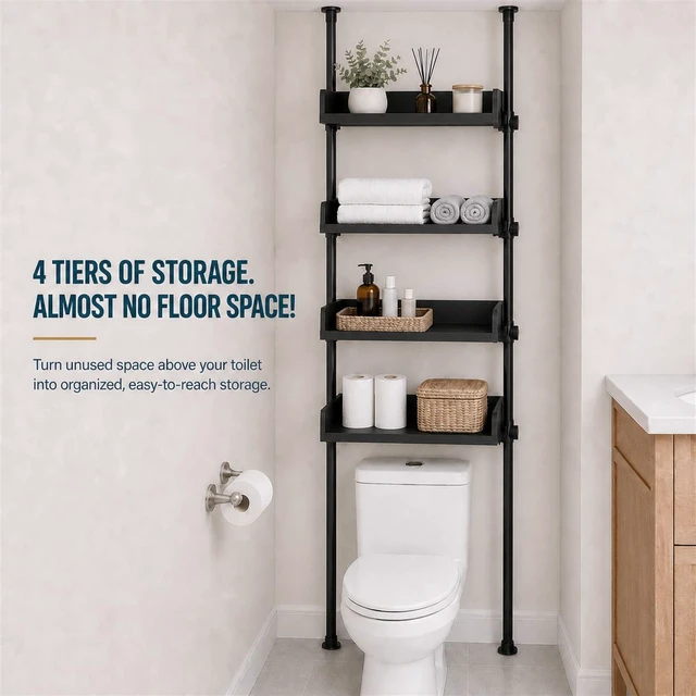 Alt view image 6 of 7 - Tension Over The Toilet Storage Cabinet, No-Drill, Fits 92-116 in. | 4 Height-Adjustable Shelves for Bathroom Organizers, Fits Narrow Toilet Spaces, Slim Design Leaves Room for Plumbing, Black