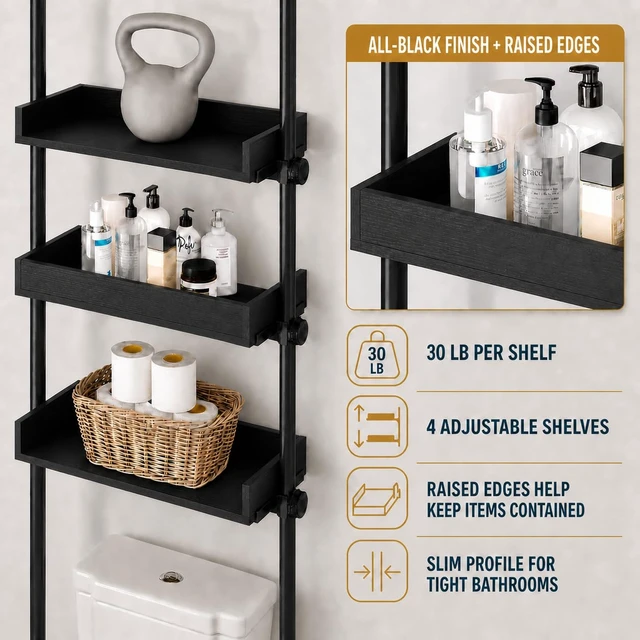 Alt view image 3 of 7 - Tension Over The Toilet Storage Cabinet, No-Drill, Fits 92-116 in. | 4 Height-Adjustable Shelves for Bathroom Organizers, Fits Narrow Toilet Spaces, Slim Design Leaves Room for Plumbing, Black