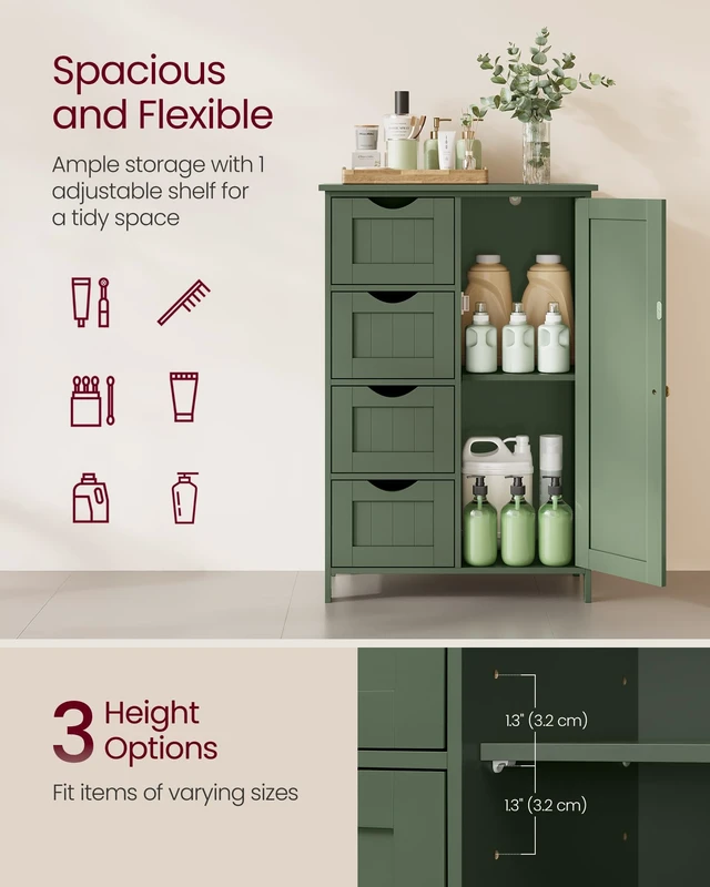 Alt view image 3 of 6 - Floor Storage Cabinet, Farmhouse, 4 Drawers and 1 Door,32.3" H | Freestanding Organizer Unit, Kitchen, Bathroom, Living Room, Forest Green, SOFIE Collection ULHC041C01