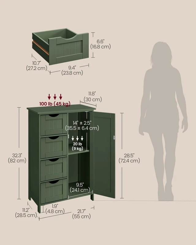 Alt view image 4 of 6 - Floor Storage Cabinet, Farmhouse, 4 Drawers and 1 Door,32.3" H | Freestanding Organizer Unit, Kitchen, Bathroom, Living Room, Forest Green, SOFIE Collection ULHC041C01