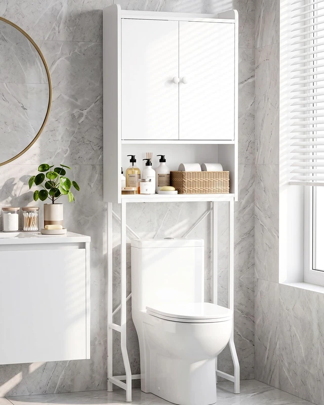 Main image of 68.1"H Over Toilet Storage Cabinet, Magnetic Door, Adjustable Shelf | Bathroom, Laundry Room, Small Spaces, Families, Multi-Compartment Storage, Anti-Tip Design, White, 3 Tier Storage