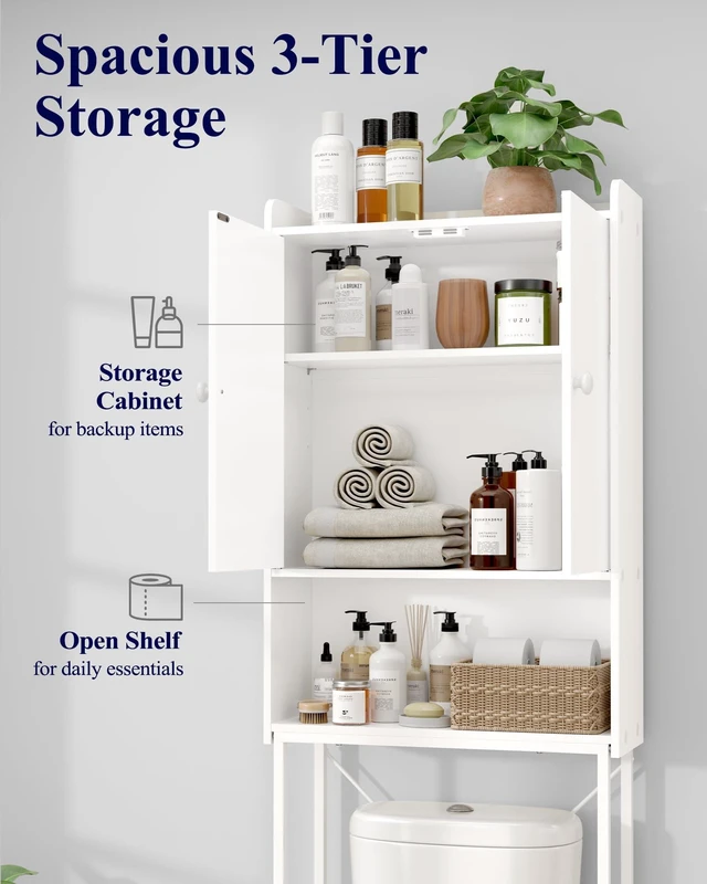 Alt view image 2 of 7 - 68.1"H Over Toilet Storage Cabinet, Magnetic Door, Adjustable Shelf | Bathroom, Laundry Room, Small Spaces, Families, Multi-Compartment Storage, Anti-Tip Design, White, 3 Tier Storage