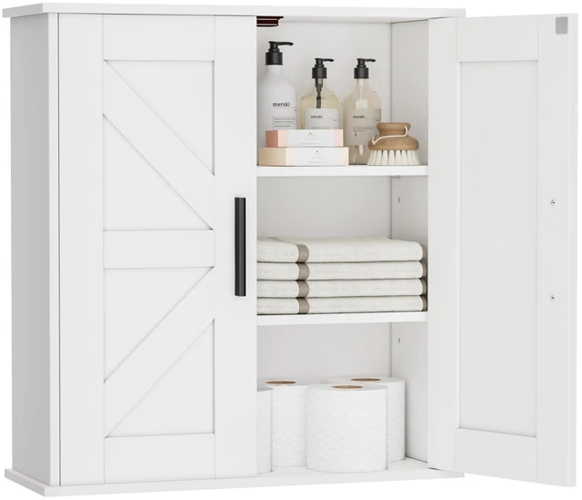 Main image of Bathroom Wall Cabinet, Medicine Cabinet with Adjustable Shelves | 3-Tier Wall Mounted Over Toilet Storage with Barn Doors, for Bathroom, Kitchen, Entryway, Laundry Room, White, (7.9" D)