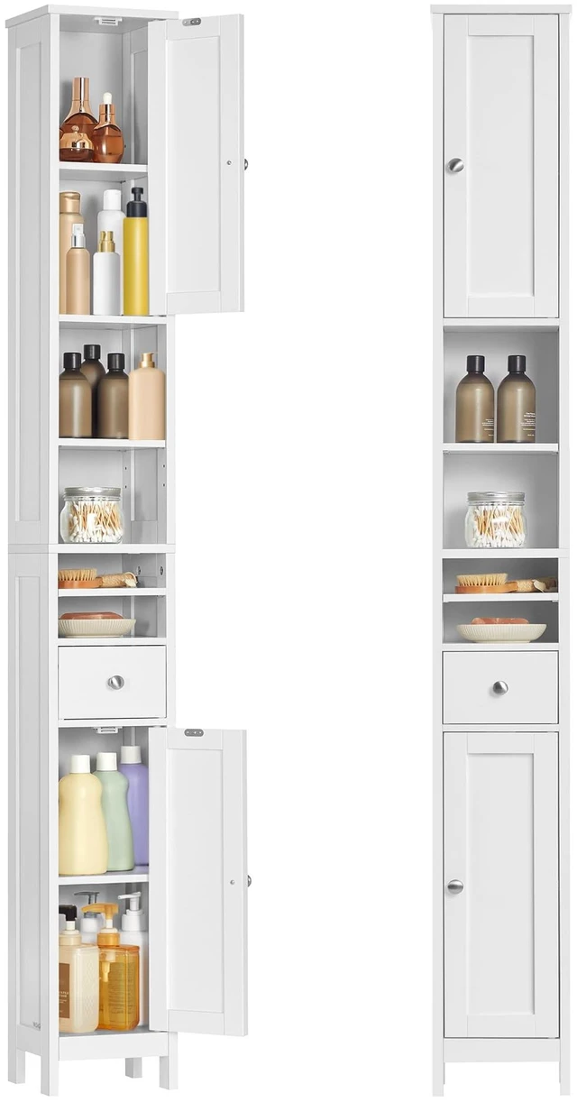 Main image of Tall Bathroom Cabinet, Slim Freestanding, Drawer, Open Compartments | Adjustable Shelves, for Small Spaces, Traditional Basic, Cloud White, SIREN Collection UBBC765W01