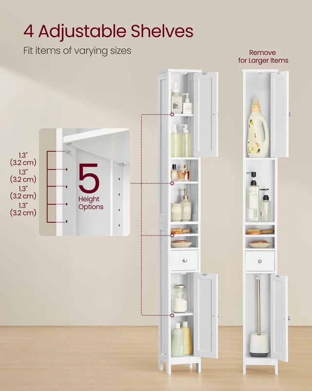 Alt view image 3 of 6 - Tall Bathroom Cabinet, Slim Freestanding, Drawer, Open Compartments | Adjustable Shelves, for Small Spaces, Traditional Basic, Cloud White, SIREN Collection UBBC765W01