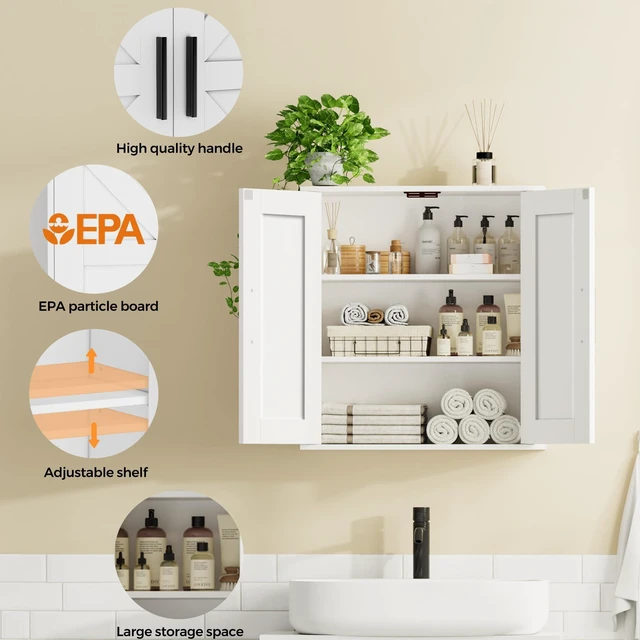 Alt view image 4 of 7 - Bathroom Wall Cabinet, Medicine Cabinet with Adjustable Shelves | 3-Tier Wall Mounted Over Toilet Storage with Barn Doors, for Bathroom, Kitchen, Entryway, Laundry Room, White, (7.9" D)